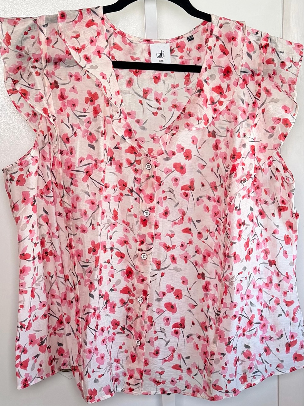 Cabi Floral Lyocell Ruffle Blouse XXL Pink Flutter Sleeve Button Front